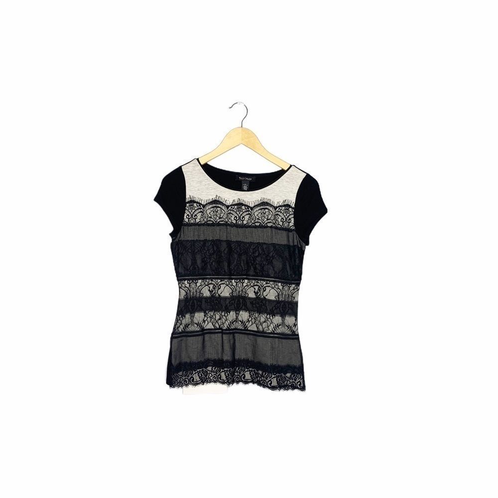WHBM White House Black Market Lace Striped Short Sleeve Top